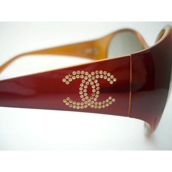 Chanel (Authentic) Golden Brown CC Crystal Accent Oversized Vintage Sunglasses - Picture 5 of 11